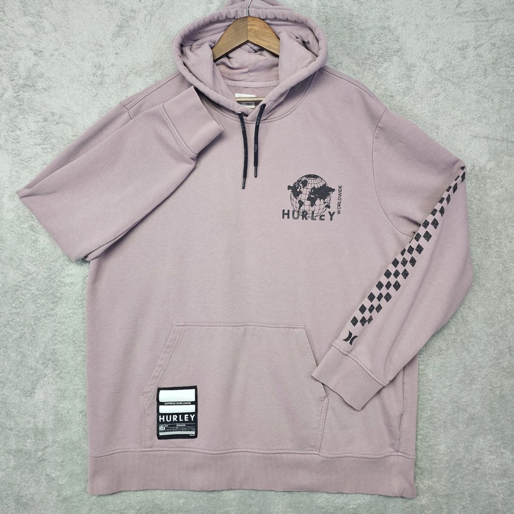 Hurley Worldwide Globe Graphic‎ Hoodie Purple Mens XXL Checkered Sleeve